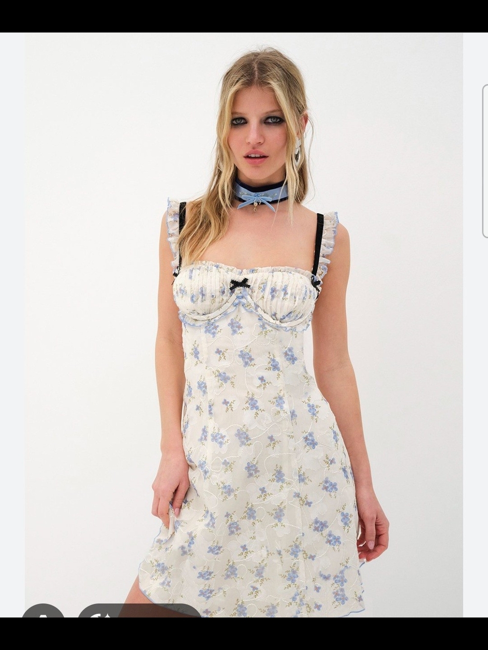 For Love & Lemons Cream Slip Dress with Blue Floral Print